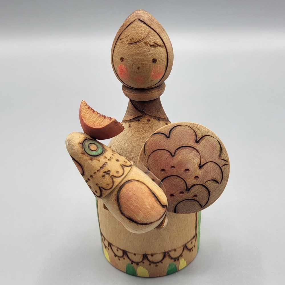Vintage Wooden Folk Art Figurine Woman with Fish and Bread Hand Painted Brown